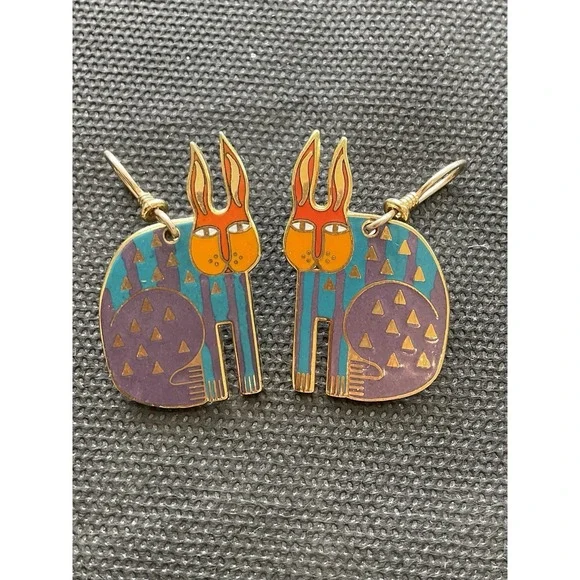 vintage Laurel Burch "Rabbit for Ross" dangle Enamel Earrings Estate Costume - Picture 4 of 5